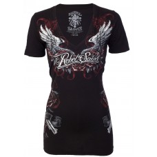 Rebel Saints AFFLICTION Womens T-Shirt PISTOLA Guns Biker Buckle Sinful